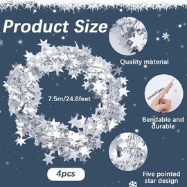 SOFPLATE Pack of 4 98.4 Feet Silver Tinsel Garland, Metallic Wire Garland with Iron Wire, PVC Glitter, Sparkling Stars, Christmas Tree Garlands, Ornaments for Christmas Tree, Christmas, Wedding