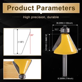 KATUR 30 Degree Chamfer and Bevel Edging Router Bit, Carbide Tipped Chamfer Router Bit with 1/4 Inch Shank, Woodworking Milling Cutter (1/4" Shank 30 Degree)