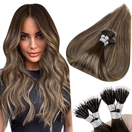 Hetto Balayage Nano Tip Hair Extensions Human Hair Ombre Dark Brown with Ash Blonde Nano Bead Extensions Human Hair 14 Inch Straight Nano Ring Human Hair Extensions 50 Strands 50g