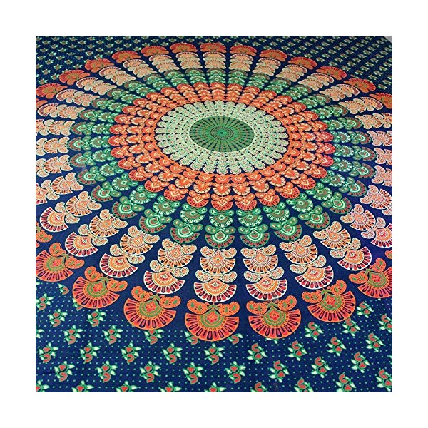 Sanganer Mandala Peacock Cotton Floral Tapestry Wall Hanging Tablecloth Bedspread Bedsheet Beach Sheet Dorm Decor Twin 68 x 102 inches
