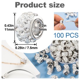 Isslly 100PCS Large Hole Beads, Rhinestone European Spacer Beads, White Hair Beads Beads for Women, Jewelry Craft DIY Making Supplies (12 mm)