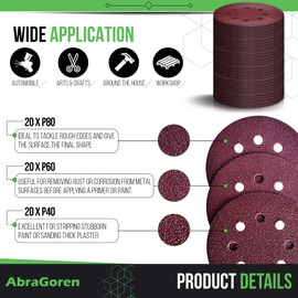 Pack of 60PCS 125mm Coarse Sanding Discs for Orbital Sander - Mixed Grits, 20PCS of 40 Grit and 20PCS of 60 20PCS of 80 Grit - Hook And Loop 8 Hole 5 Inch Circular Sander Pads for Orbital Sander