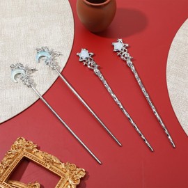 4PCS Star Moon Hair Sticks for Long Hair, Metal Silver Hair Stick Pin Chinese Hanfu Vintage Hair Chopsticks for Women, HairPin Hair Sticks for Women Gifts