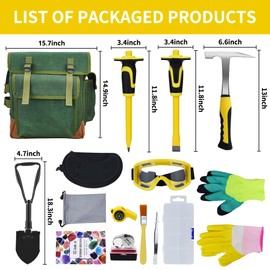 16-Piece Geological Rock Hammer Kit, Portable 32-ounce Hammer and Chisel Backpack Set, Suitable for Rock Hunting, Gold Mining, Ideal for Beginners and Enthusiasts.(yellow)