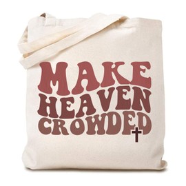 TSIIUO Women's Make Heaven Crowded Jesus Canvas Tote Bag Christian Faith Verse Grocery Shopping Bag Religious Gifts White