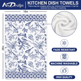AnyDesign Christmas Kitchen Towel 18 x 28 Inch Blue Pine Bird Dish Towel Xmas Ultra Absorbent Hand Drying Cloth Tea Towel for Cooking Baking, 2Pcs