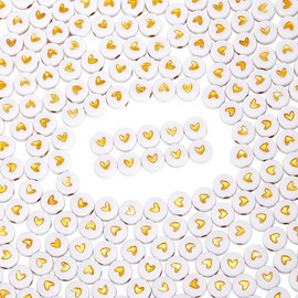 SOFPLATE Pack of 600 Acrylic Heart Beads, White Round Love Beads, Bulk Pack, 4 x 7 mm, Mini Plastic, Gold Heart Charms, Flat Disc, Loose Spacer Beads for Bracelets, Bead Jewellery Making, Necklaces, S
