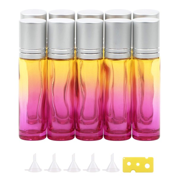 Newzoll 10Pcs Glass Rolling Bottles Set, 10ml (1/3oz) Yellow Rose Gradient Roller Bottles with Funnels Opener, Glass Rollon Bottles Vials for Essential Oil Aromatherapy Perfume Liquid Massage