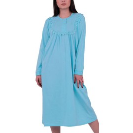 Women's Nightdress Long Sleeve Button Down Sizes M to 3XL Plain Colours and Floral Pattern Comfort Cotton Ideal for Seniors and Grandmas in Care, blue