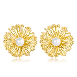 Gold Flower Earrings for Women Big Statement Filigree Daisy Flower Stud Earrings Trendy Pearl Chunky Gold Earrings