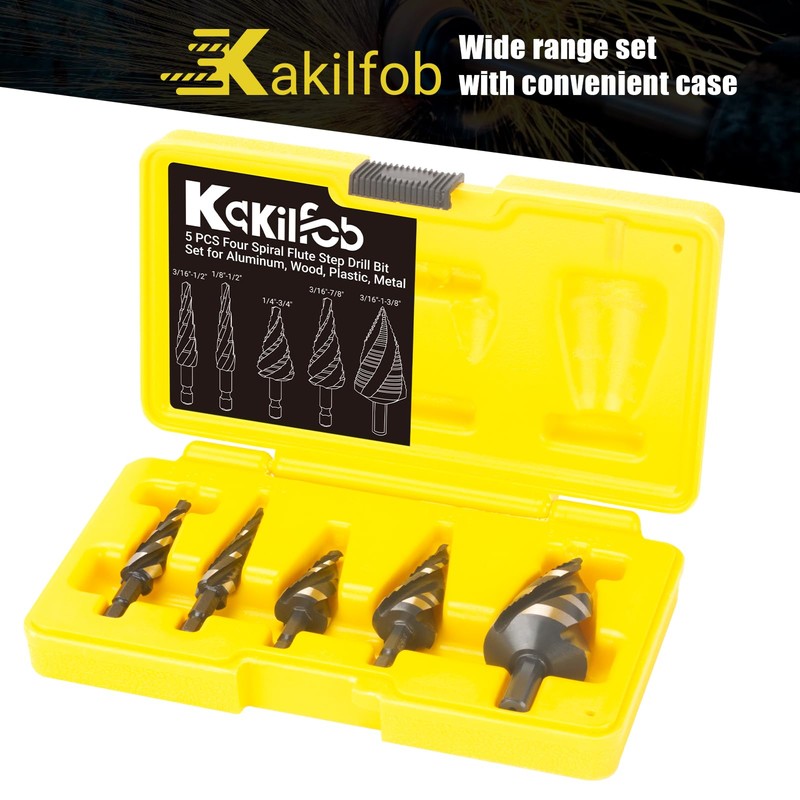KAKILFOB Four Spiral Flute Step Drill Bit Set, 5 Pieces