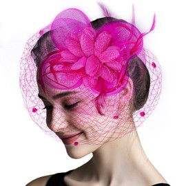 Women's Fascinators Hats Tea Party Hats for Women, 50s Flower Feathers with Veil Headwear for Tea Party Dresses (Hot Pink)