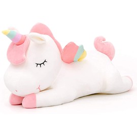 SNOWOLF Unicorn Stuffed Toy Lying Cute Soft Unicorn Plush Hug Pillow with Rainbow Wings Kawaii Toy for Kids Girls (White, 30 cm)
