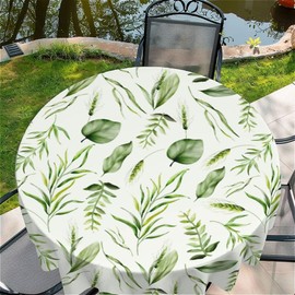 Wipe Clean Tablecloth Round 48 Inches (120 x 120 cm), Garden Tablecloth with Green Leaves Motif, Decorative Table Decoration for Kitchen, Dining Room, Outdoor Tablecloth Weatherproof