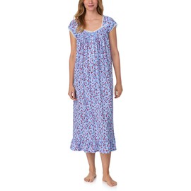 Lanz of Salzburg Women's 100% Cotton Sleeveless Nightgown, Jersey Knit, Ruffle Hem, Pintuck Neckline, Button-Front, Blue Berries, Large