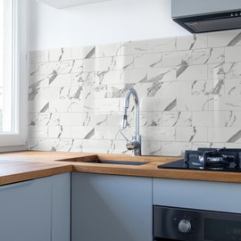 Art3d 102-Piece Faux Stone Peel and Stick Backsplash Tile, Waterproof Thick PVC Stick On Subway Wall Tile for Kitchen Bathroom Laundry Room Fireplace - 3" x 6" Gray Marble