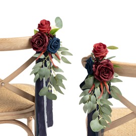 Ling's Moment 8pcs Wedding Artificial Aisle Pew Flowers Chair Decorations Arrangements with Chiffon Ribbons Burgundy Navy Blue for Ceremony Chair Back Floral Decor Reception Church Party Outdoor