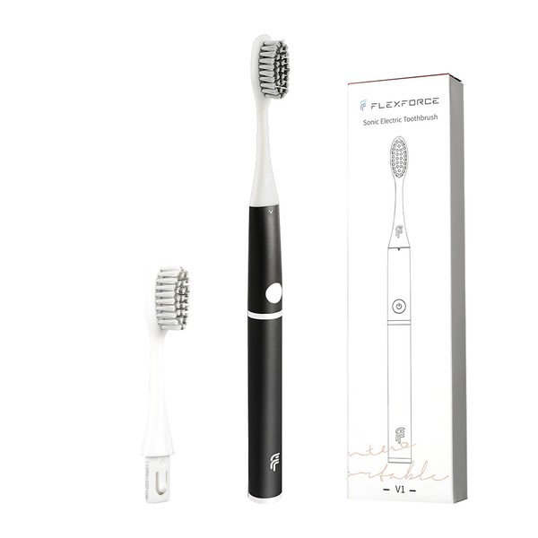 Flexforce Electric Toothbrush Suitable for Children and Adults with Replaceable AAA Battery and Brush Head, Metal Handle, Dupont Soft Hair, 180 Days, V1, Black
