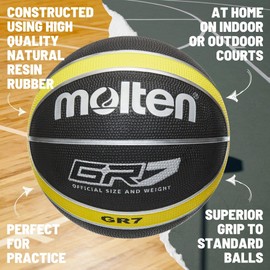 Molten GR Basketball, Indoor/Outdoor, Premium Rubber, Size 5, Impact Colour Black/Yellow, Suitable For Boys Age 7, 8, 9, 10 & 11, Girls age 12 & 13 (BGR5-KY)