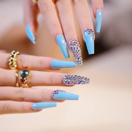 ookizom 24 Pcs Press on Nails Long with Flash Diamond Crystal, Fake Nails Coffin, False Nails with Glue Acrylic Nails for Women and Girls (Sky Blue Full Diamond)