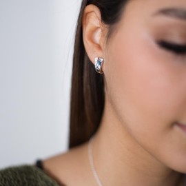 Materia #SO-348 Creole Earrings Rectangular 925 Silver Zirconia Blue Rhodium Plated in Jewellery Box, Cubic Zirconia