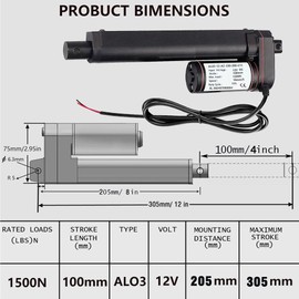 12V 4 Inch Linear Actuator Speed 10mm/s Waterproof Sports Actuator 1500N(330 lb) Heavy-Duty Electric Actuator 12 Volts with Switch,Mount Bracket,for Windows and Doors,Solar Tracker (100mm)