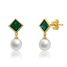 MAX + STONE 14k Yellow Gold Princess Cut Created Green Emerald Square Stud Earrings for Women 5m with 6mm Freshwater Dangle Pearls May Birthstone