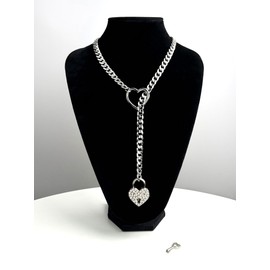 paloli Womens Slip Chain Necklace Heart O-Ring, Punk Rock Cuban Long Necklace Jewelry For Women, Adjustable Lariat Y-Necklace Heart Locker With Key (Crystal Silver Padlock, 24'')