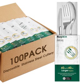 LOROTOCO 100Sets Pre Wrapped Disposable Silverware Set Heavy Duty Stainless Steel Silver Cutlery with Napkin, Knifes, Forks, Spoons for Party Wedding