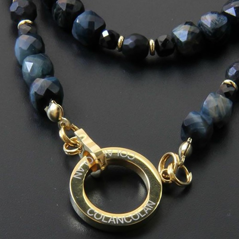 COLANCOLAN FORCE 5 Polyhedral Cube Necklace, Dark Blue Tiger Eye,