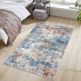 IOHOUZE Abstract Area Rug 3x5 Ft Washable Rugs for Entryway Indoor, Non Slip Kitchen Rugs Printed Faux Wool Throw Rugs, Indoor Door Mat for Door Entrance Foyer Living Room, Blue Rust