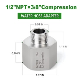 TAISHER 2PCS 304 Stainless Steel Water Hose Adapter 1/2" NPT × 3/8" Compression Pipe Fitting for kitchen bathroom faucet supply line adapter with rubber gasket