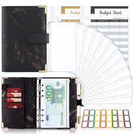 Taope Budget Planner, 6-Ring A6 Budget Binder, Money Organiser, with Soft PVC Pockets, Leather Notebook, Cash Envelopes, Household Expense Book with Money Compartments, Marble Black