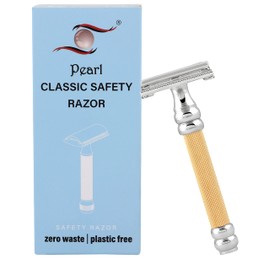 Pearl Shaving Close Comb Double Edge Safety Razor SBF-11 Butterfly Razor (Gold), Long Handle, 5 Blades