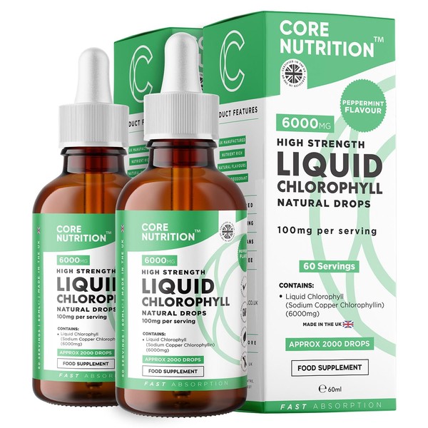 Liquid Chlorophyll Drops for Water - High Strength of 12,000mg per 2X 60ml Bottle at 4X Concentration - 4 Month Supply of Chlorophyll Liquid Drink - Made in UK by Core Nutrition (2X Pack)