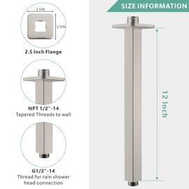 Voolan Shower Arm with Flange, Ceiling Mounted Fixed Shower Pipe, Bathroom Straight Rain Shower Replacement Arm, Universal Connection 1/2 NPT (12 Inch Square, Brushed Nickel)