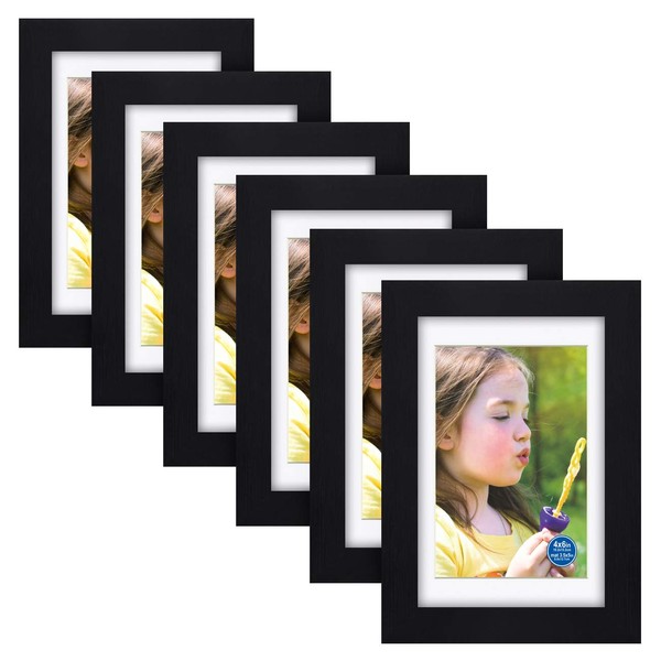 RR ROUND RICH DESIGN 4x6 inch Picture Frames Made of Solid Wood and HD Glass Display Photos 3.5x5 with Mat or 4x6 Without Mat 6PK Black