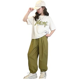 OUBINEWER Girls' Jersey Top and Bottom Set, 2-Piece Set, Children's Clothing, Girls, Sportswear, Sweatshirt, Short Sleeve Jersey, Tops + Long Pants, Casual, Design A-2