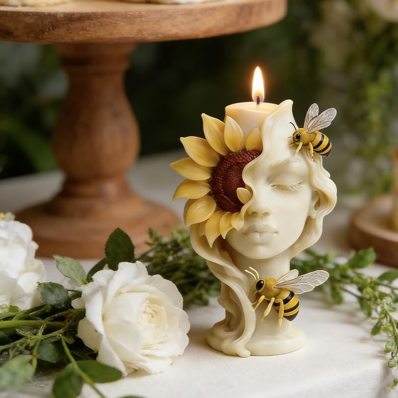 Sunflower Bee Maiden Candle Mold, Floral Silicone Mold for Resin