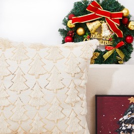 Canple Christmas Throw Pillow Covers Set of 2 Soft Plush Faux Fur Christmas Tree Decorative Pillowcases for Holiday Festivals Winter Home Decor, Beige 18 x 18 Inch