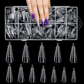 Kiiwah Pack of 120 Dual Shape Nails, Full Cover Dual Tips Nails Transparent Polygel Tips with Scale Lines Reusable Dual Shapes for Nails for Gel Manicure, Nail Studio and DIY Enthusiasts