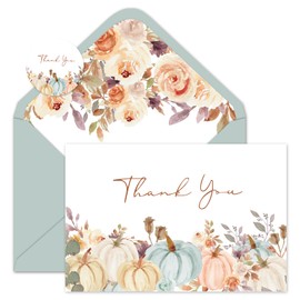 FYSUIMU 24 Pack Fall Thank You Cards with Envelopes Stickers Watercolor Pumpkin Floral Fall Thank You Note Cards Bulk for Autumn Thanksgiving Wedding Baby Shower Party Supplies, 4 x 6 Inch