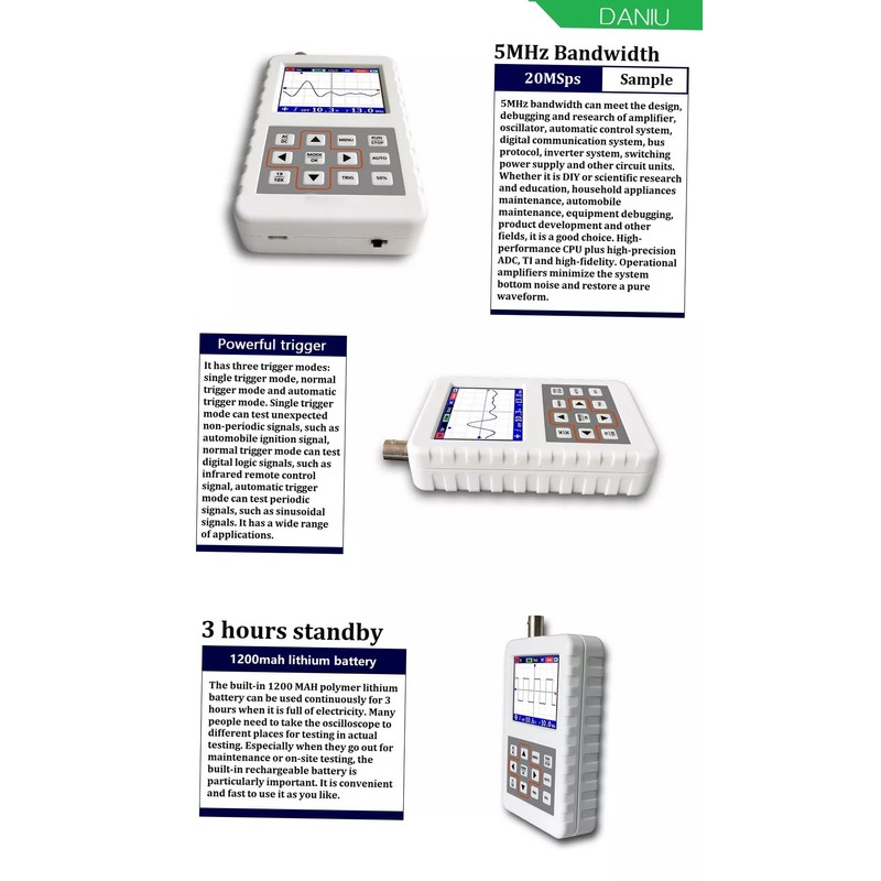 Digital Oscilloscope Handheld Oscilloscope Mini Size Oscilloscope with 5M Bandwidth
