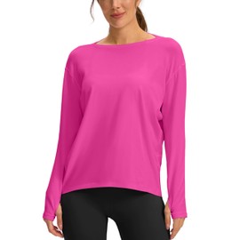 Soothfeel Long Sleeve Workout Shirts for Women Loose Fit Yoga Running Athletic Shirts Cotton Active Tops with Thumb Hole (Sonic_Pink,XL)