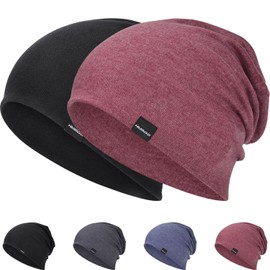 Men's Women's Lightweight Slouch Beanie Hat Soft Thin Hat Breathable Elastic Long Beanie for Spring Autumn and Winter, Black + Pink