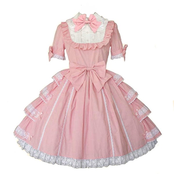 Jeufoin Women Girls Sweet Pink Dress Short Sleeves Kawaii Japanese