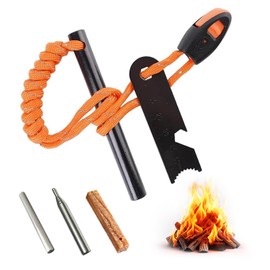 Flint and Steel Fire Starter Kit With Magnesium Rods, Paracord Handle, Pine Starter, Folding Blowtorch - 5-in-1 Survival Kit for Camping