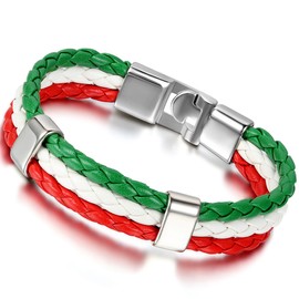 Flongo Men's Biker Red White Green Italy Italian Banner Flag Braided Football Leather Cuff Bracelet Bangle, 8.3 inches