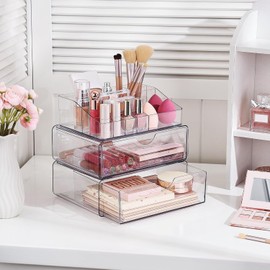 Organizador transparente para maquillaje con cajón, vitrinas de cosméticos, caja de almacenamiento de maquillaje (Color transparente-2 capas)