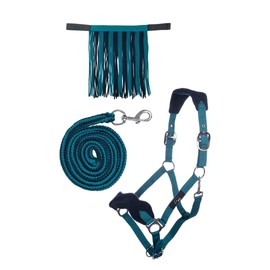 HKM, Horse Halter Set, Lead Rope, Fly Fringe, Knitted, 180 cm, Carabiner, Pony, VB WB, 10733, Petrol/navy blue